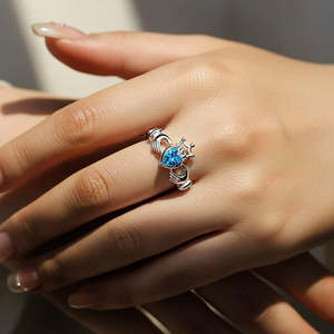 NOVAMART Fine Zarkan 925 Sterling Silver <b>Crown</b> Blue Heart <b>Ring</b> Fine Jewelry with Oval Cut Zircon Rhodium Plated Everyday Wear Se - Product Image 3