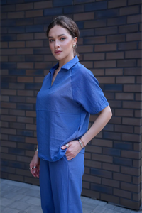 Set sportivo estivo da donna su misura di <span class=keywords><strong>lino</strong></span> <span class=keywords><strong>blu</strong></span> di alta qualità include Polo a maniche corte e pantaloni larghi elastici - Product Image 2