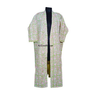 Eco Friendly Colorful Floral 100% Cotton <b>Long</b> Women <b>Kimono</b> Kantha Winter <b>Robe</b> Fabric Ethnic Traditional Vintage Indian Handmade - Product Image 1