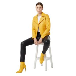 Chaqueta de Motociclista de Cuero Amarillo Primavera para Mujer, Personalizada, al por Mayor, Precio de Fábrica, Estilo Motero Genuino, Abrigo de Moda para Mujer, OEM - Product Image 1