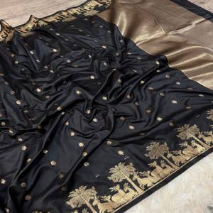 Sari de Seda Mysore VASTRA COTTAGE con Pallu Dorado, Motivo de Ciervo, Borde Zari y Trabajo Elegante, Prenda Tradicional de Lujo - Product Image 4