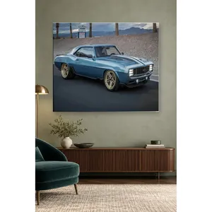 Impression sur toile Fida Blue Restomod Camaro avec roues dorées - Product Image 5