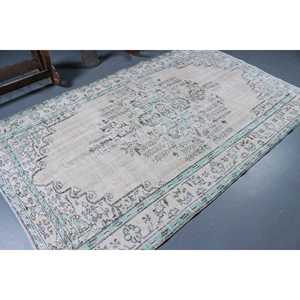 Tapis en laine patchwork vintage avec envers en latex, grande taille 5,3x8,7 pi, blanc et bleu, décoration intérieure écologique - Product Image 2