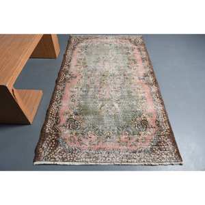 Alfombra de lana turca Vintage de 39x69 pies, diseño de retazos verde y rosa, técnica de tejido plano para decoración de sala de estar adolescente, respaldo de látex - Product Image 1