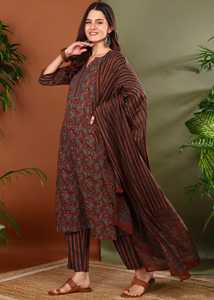 Kurta Droite en Coton à Imprimé Floral pour Femmes avec Pantalon à Bas Élastique et Dupatta Longueur Mollet Col en V Détail Gota Marron - Product Image 3