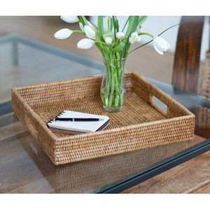 Plateau en rotin de bambou fait main plateau en rotin avec poignée tissé à la main rond haut mur plateaux de séparation des aliments multi-usages - Product Image 2