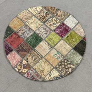 2.8x2.8 ft Round Turkish Rug, Vintage Rug, <b>Brown</b> Red Moroccan <b>Wool</b> Rug - Product Image 2