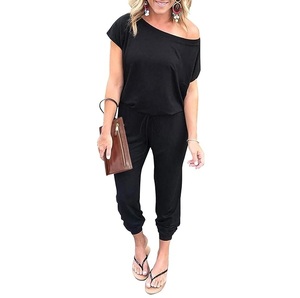 Combinaison tricotée pour femme, épaules dénudées, couleur unie, taille haute, coupe ample, décontractée, printemps-été, longueur cheville, manches courtes - Product Image 1