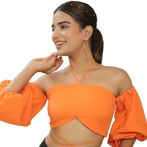 Apricot Cream Orange Halter Tie Up And Waist Tie Crop Top new arrival trendy top for women & girl from seller at wholesale price