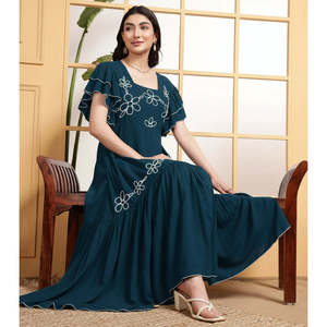 Deebaco Women's A-Line Teal Viscose Maxi <b>Dress</b> With White Floral Embroidery Ruffle Sleeves Scoop Neck Boho <b>Loose</b> Fit Summer - Product Image 1