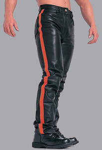 Pantalon en cuir neuf noir et rouge avec sangle rouge et bleue - Product Image 3