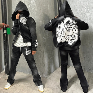 Logo personnalisé 100% coton imprimé bouffant survêtement à capuche pour hommes empilés pantalons de survêtement évasés survêtements ensemble sweat à capuche zippé et jogger - Product Image 4