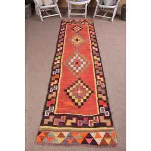 3x10.8 ft Vintage Rug, Turkish <b>Runner</b> Rug, <b>Red</b> Solid Wool Rug - Product Image 1