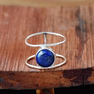 Bague Lapis Lazuli en argent sterling 925 pierre précieuse ronde Double bande déclaration bague de mariage cadeau pour elle - Product Image 3