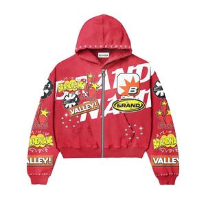 Streetwear 500Gsm français éponge fermeture éclair Vintage haute qualité coton sweat lourd strass acide lavage fermeture éclair à capuche - Product Image 3