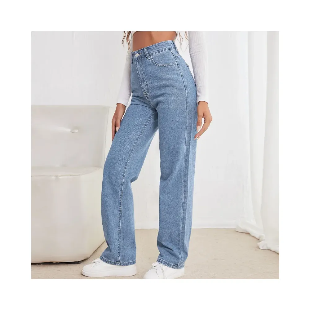 2023 Wholesale New Design Wide Leg Casual Loose Jeans Full Length Straight Boyfriend Jeans For Women Zipper Fly