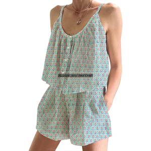 Conjunto de Pijama de Shorts Indio de Lujo Estampado a Mano, Algodón Puro de Alta Calidad, Primavera/Verano, Ajustado, con Tirantes, Sin Mangas - Product Image 2