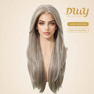 Peluca Larga y Lisa Marrón Ethel-DWY con Frente de Encaje Transparente 13x6, con Reflejos, Sin Pegamento, Cabello Sintético - Product Image 3