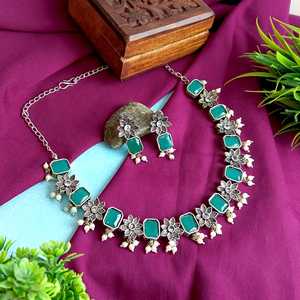 Conjuntos de collar de piedra de cristal bohemio antiguo indio con pendientes colgantes de gota de perla de imitación fabricante indio joyería para mujer - Product Image 2