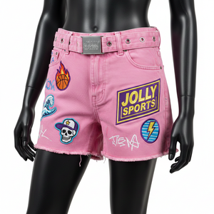 Shorts vaqueros rosas de algodón de alta calidad para mujer, tela suave y elástica, parche de chenilla con bordado, logo personalizado, shorts tipo booty para mujer - Product Image 4