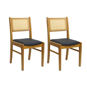 Chaises de salle à manger style farmhouse avec dossier en rotin tressé et assise rembourrée (lot de 2) - Options bois naturel et bois foncé - Product Image 2