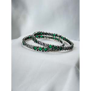 925 Sterling Silver Handcrafted Rawa Silver Work Bezel Set Geometric Semi Precious Emerald Stone Aasma Rawa <b>Bangle</b> Stylish - Product Image 1