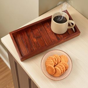 Plateau de service rectangulaire en bois avec poignées métalliques, plateau polyvalent, décoration de service naturelle, plateau de service pour desserts pour les invités principaux - Product Image 3