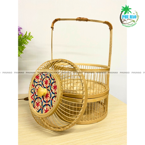 Cestas de almacenamiento de bambú de dos niveles tejidas a mano rústicas con patrones de flores Cesta de almacenamiento de frutas Cesta de regalo - Product Image 5