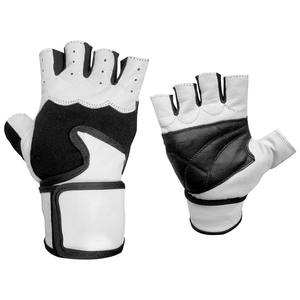 Gants d'entraînement en cuir de vachette de couleur blanche et noire personnalisés avec support de poignet pour l'haltérophilie et la gymnastique - Product Image 1