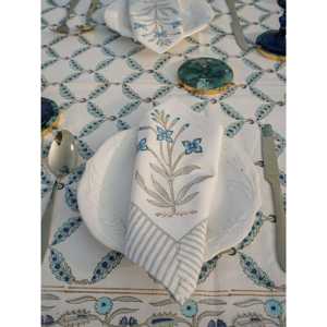 Jannat respetuoso con el medio ambiente Handblock estampado de lona de algodón mantel ajustado azul/gris 6/8 plazas para hoteles sala de estar comedor - Product Image 3