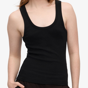 Customizable <b>Women's</b> Deep <b>Black</b> Color Breathable Cotton-Blend Knitted Rib <b>Tank</b> <b>Tops</b> Sleeves Casual Shorts Wholesale Options - Product Image 5