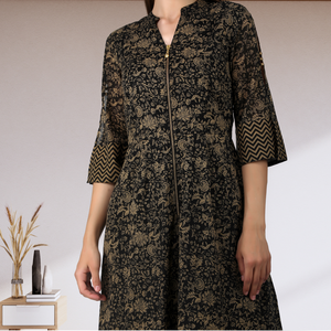 Vestido Midi con cremallera frontal con estampado Floral de diseñadores elegantes hechos a mano para mujer, mangas 3/4, negro, Beige, cómodo, transpirable, informal, para fiesta - Product Image 5