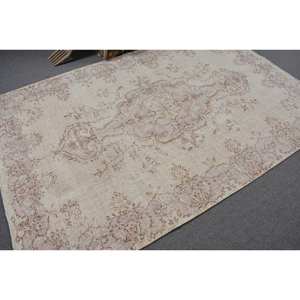 Alfombra turca vintage de 5,4x8,2 pies, lana beige hecha a mano con diseño de retazos, sala de estar forma rectangular para, estilo Tabriz - Product Image 2