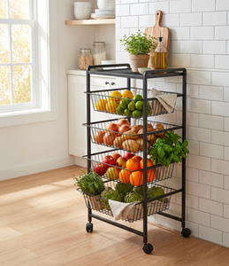 Black Metal Roll Container <b>Cart</b> Wire Basket <b>Storage</b> Rack Four Wheel Mobile Organizer for Home Closet Kitchen - Product Image 1