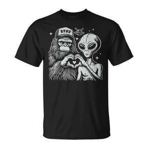 Vintage <b>Retro</b> Promotional T-Shirt with Bigfoot and Alien Heart Hand <b>Sign</b> Design - Product Image 1