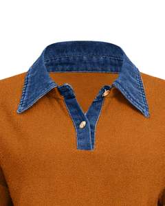 Custom Rust Brown Knit Sweater <b>With</b> Blue Denim Collar Women Winter Pullover <b>Long</b> Sleeve Casual Warm Top Fashion Streetwear Style - Product Image 4