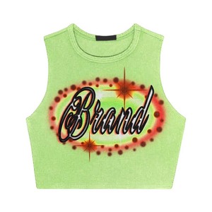 T-shirt court sans manches en coton et élasthanne 220 GSM vert citron pour femme, avec impression airbrush et logo personnalisé, coupe streetwear respirante - Product Image 1