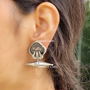 Antique Silver Tribal Stud Earrings for Women, Handmade Coin Design Oxidized Jewellery with Pearl & Diamond Stones for <b>Weddings</b> - Product Image 2