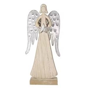 Décoration d'ange debout, corps en bois avec des ailes argentées, figurine élégante qui ajoute un accent gracieux à n'importe quel espace - Product Image 1