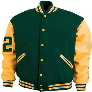 Veste universitaire verte à manches jaunes, style baseball unisexe pour homme, boutonnière côtelée, col montant, option logo personnalisé, respirante, chaude pour l'extérieur - Product Image 1