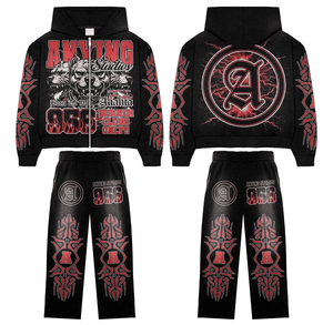 Custom <b>Applique</b> <b>Patch</b> Embroidery Men's High Street Vintage Oversized Summer Breathable Zip-Up Hoodie Sweatpants Set 100% Cotton - Product Image 2