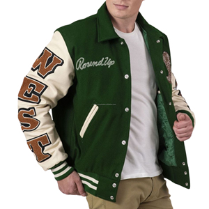 Veste universitaire western unisexe, corps en laine, manches en cuir, col rond, patchs de cowboy, broderie patchwork, écologique, vintage, rodeo - Product Image 3