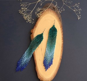 <b>Emerald</b> Green Long Beaded Earrings Chandelier Earrings Seed Bead Earrings - Product Image 1