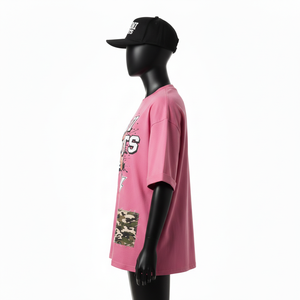T-shirt ample pour femme en jersey de coton de haute qualité, respirant, doux, rose, avec impression thermique et patchwork, t-shirt en coton - Product Image 3