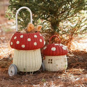 Sacs à roulettes en rotin rouge en forme de champignon, panier à roulettes de voyage, panier à bagages à roulettes mobiles faits à la main pour enfants - Product Image 1