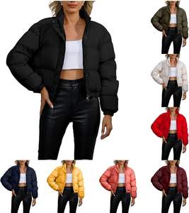 Chaqueta acolchada recortada para mujer, abrigo corto acolchado con cremallera de invierno, prendas de vestir, chaqueta acolchada corta a la moda, cuello vuelto, sólido - Product Image 1