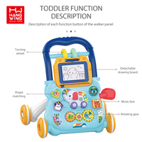 HW TOYS Trotteur multifonctionnel pliable à 4 roues en plastique pour nouveau-né, avec musique éducative et fonction pousseur