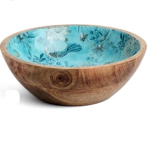 Bols en bois de manguier sculptés à la main, bols en bois de manguier avec autocollants imprimés, décoration de table à manger, plat de service, finition émaillée - Product Image 5