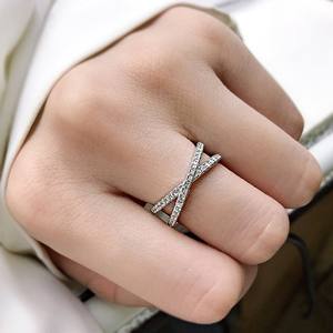 2 mm round cut moissanite criss cross band double row pave <b>ring</b> white gold plated elegant <b>stacking</b> jewelry - Product Image 2
