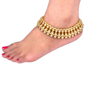 14 K Gold Plated White Pearl Crystal <b>Indian</b> Traditional <b>Anklet</b> Bracelet Anniversary Jewelry Set - Product Image 3